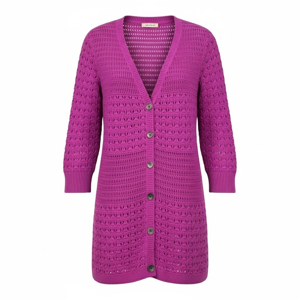 DKNY Jeans Women's Size S Magenta Crochet‎ Knit Button Front Cardigan Sweater